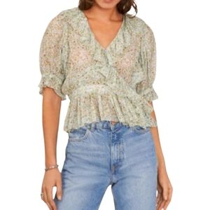 1 STATE Womens Blouse‎ Floral Print Ruffle V Neck Short Sleeve Peplum Top M